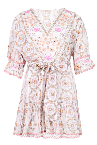 Mexican Print with Mirrors Tie Waist Mini Dress White/Pink