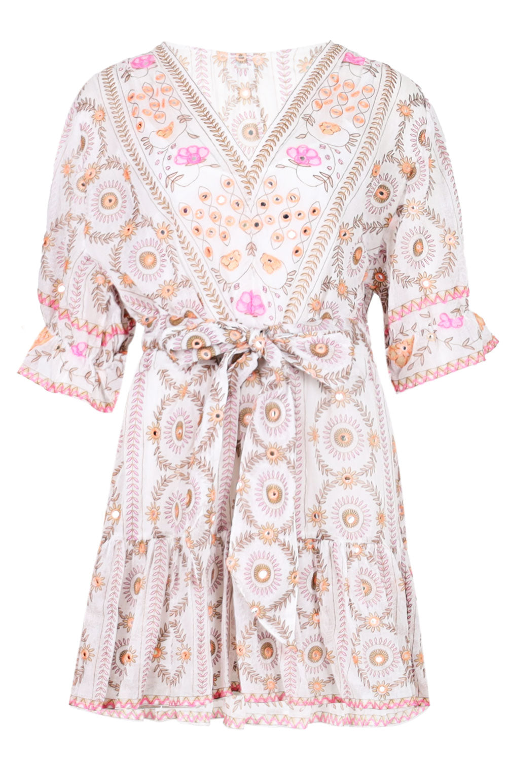 Load image into Gallery viewer, Mexican Print with Mirrors Tie Waist Mini Dress White/Pink
