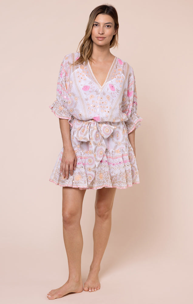 Load image into Gallery viewer, Mexican Print with Mirrors Tie Waist Mini Dress White/Pink
