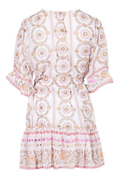 Mexican Print with Mirrors Tie Waist Mini Dress White/Pink