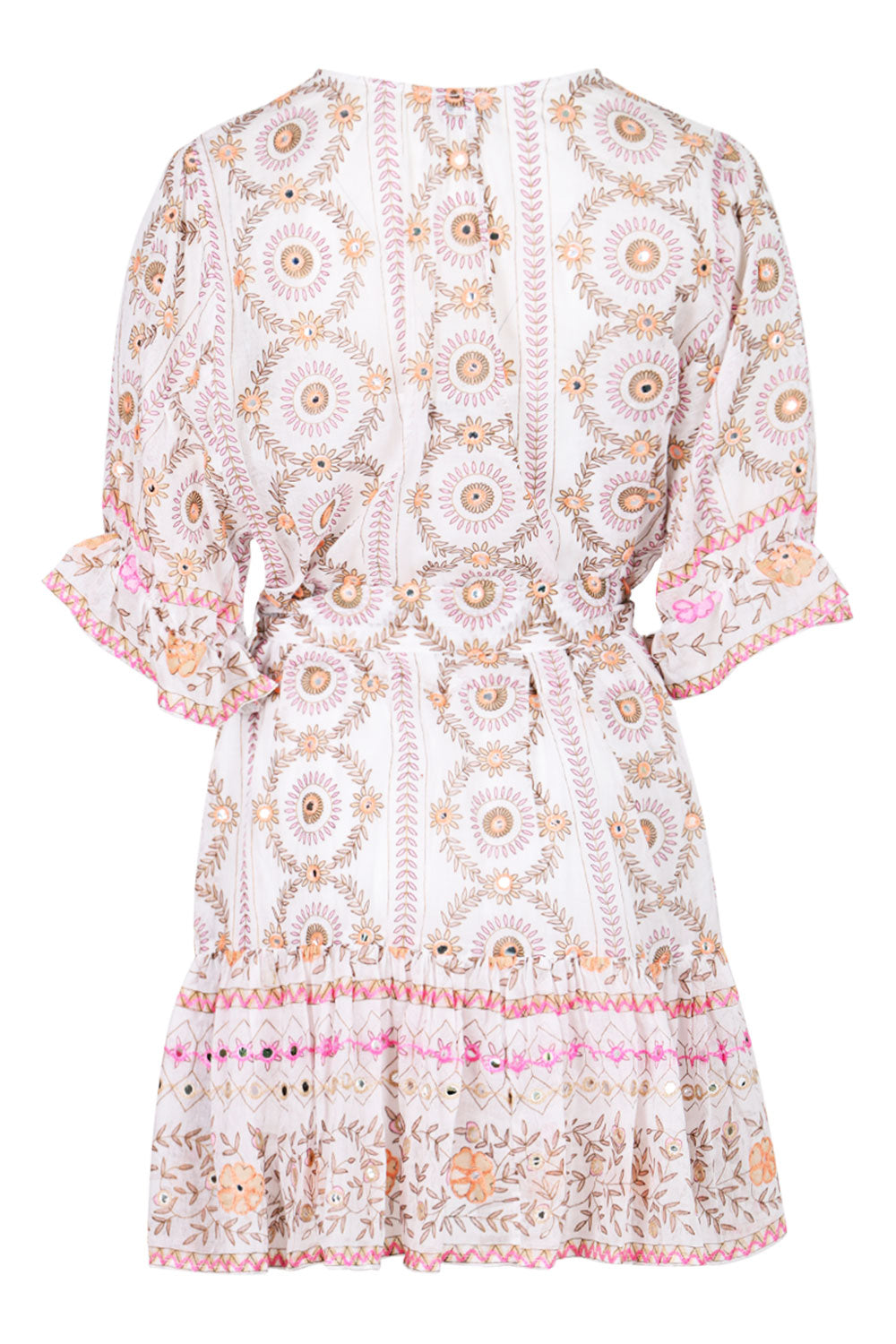 Load image into Gallery viewer, Mexican Print with Mirrors Tie Waist Mini Dress White/Pink
