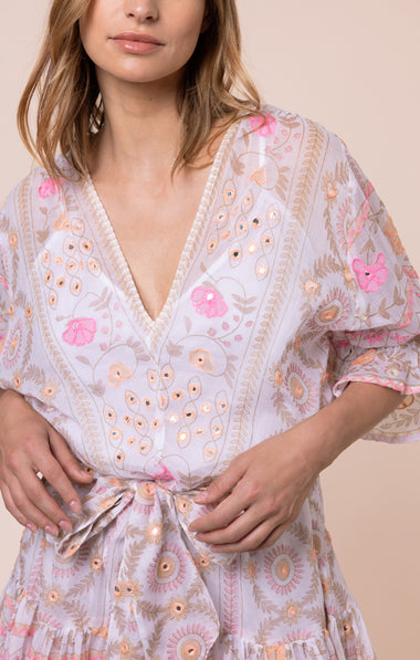 Mexican Print with Mirrors Tie Waist Mini Dress White/Pink