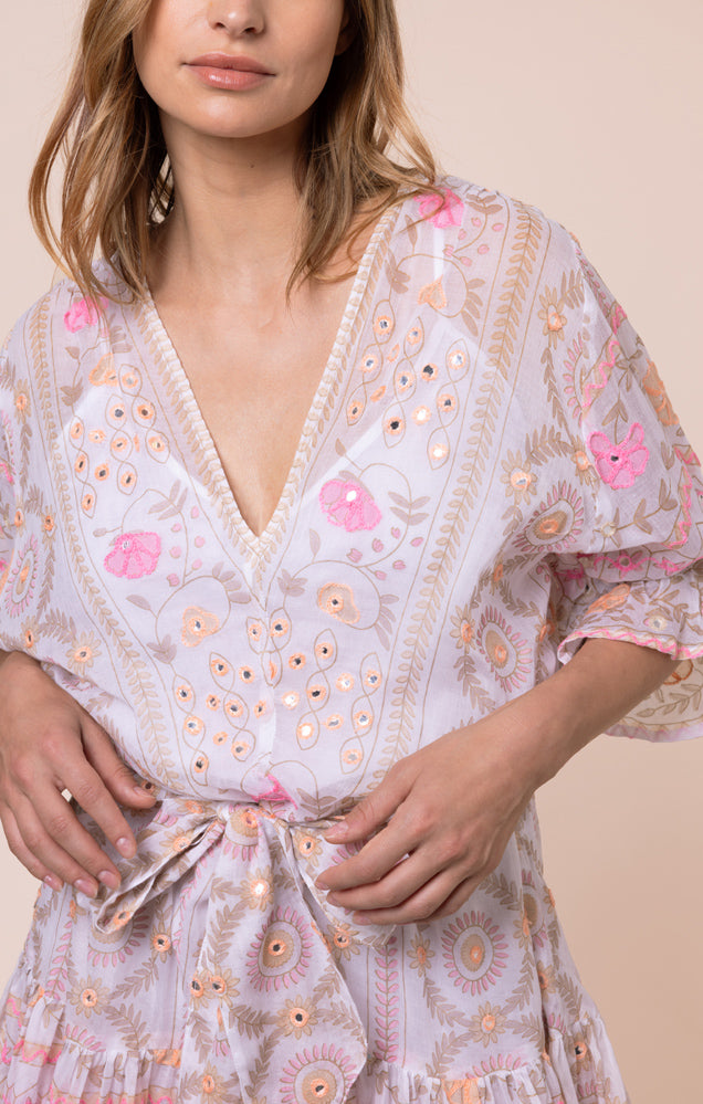 Load image into Gallery viewer, Mexican Print with Mirrors Tie Waist Mini Dress White/Pink
