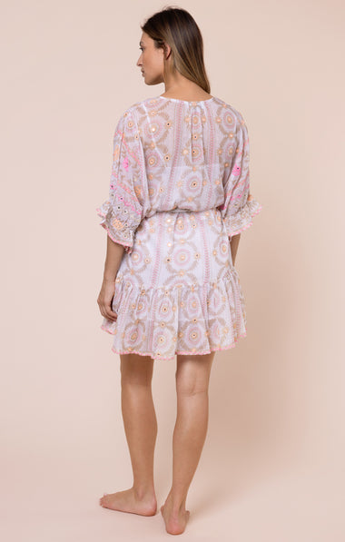 Mexican Print with Mirrors Tie Waist Mini Dress White/Pink