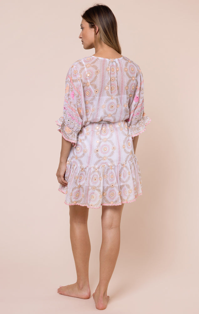 Load image into Gallery viewer, Mexican Print with Mirrors Tie Waist Mini Dress White/Pink
