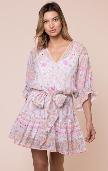 Mexican Print with Mirrors Tie Waist Mini Dress White/Pink