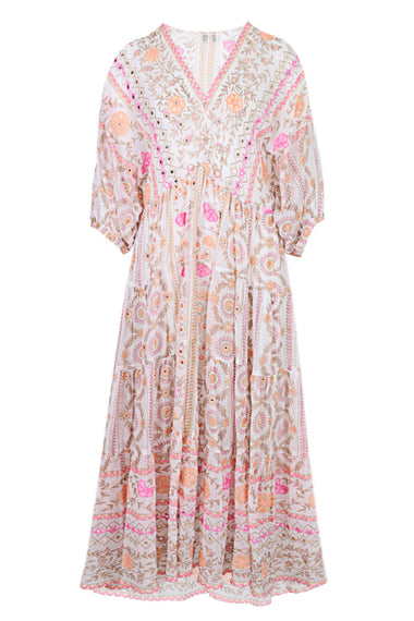 Mexican Print with Mirrors V-Neck Loose Maxi Dress White/Pink