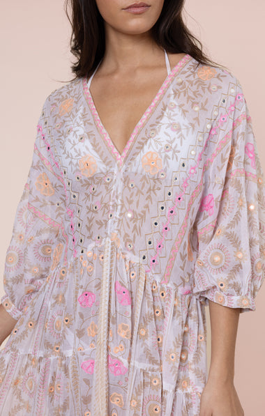 Mexican Print with Mirrors V-Neck Loose Maxi Dress White/Pink