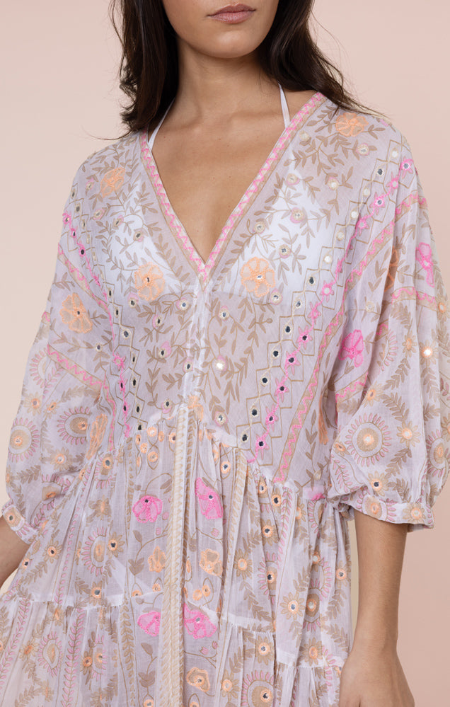 Load image into Gallery viewer, Mexican Print with Mirrors V-Neck Loose Maxi Dress White/Pink
