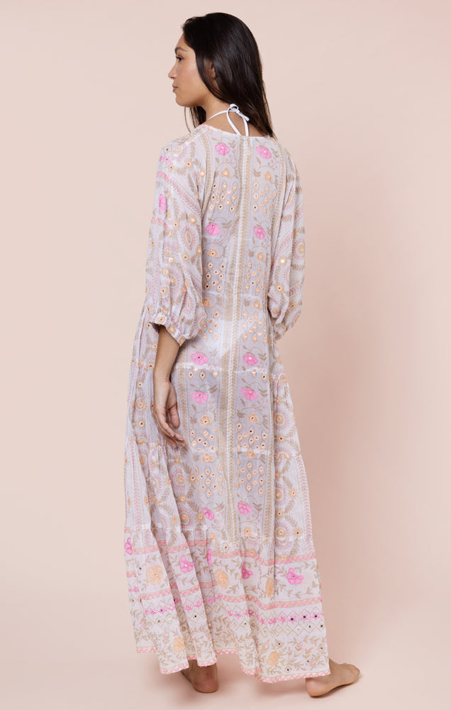Load image into Gallery viewer, Mexican Print with Mirrors V-Neck Loose Maxi Dress White/Pink
