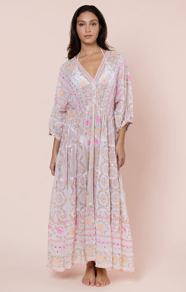 Mexican Print with Mirrors V-Neck Loose Maxi Dress White/Pink