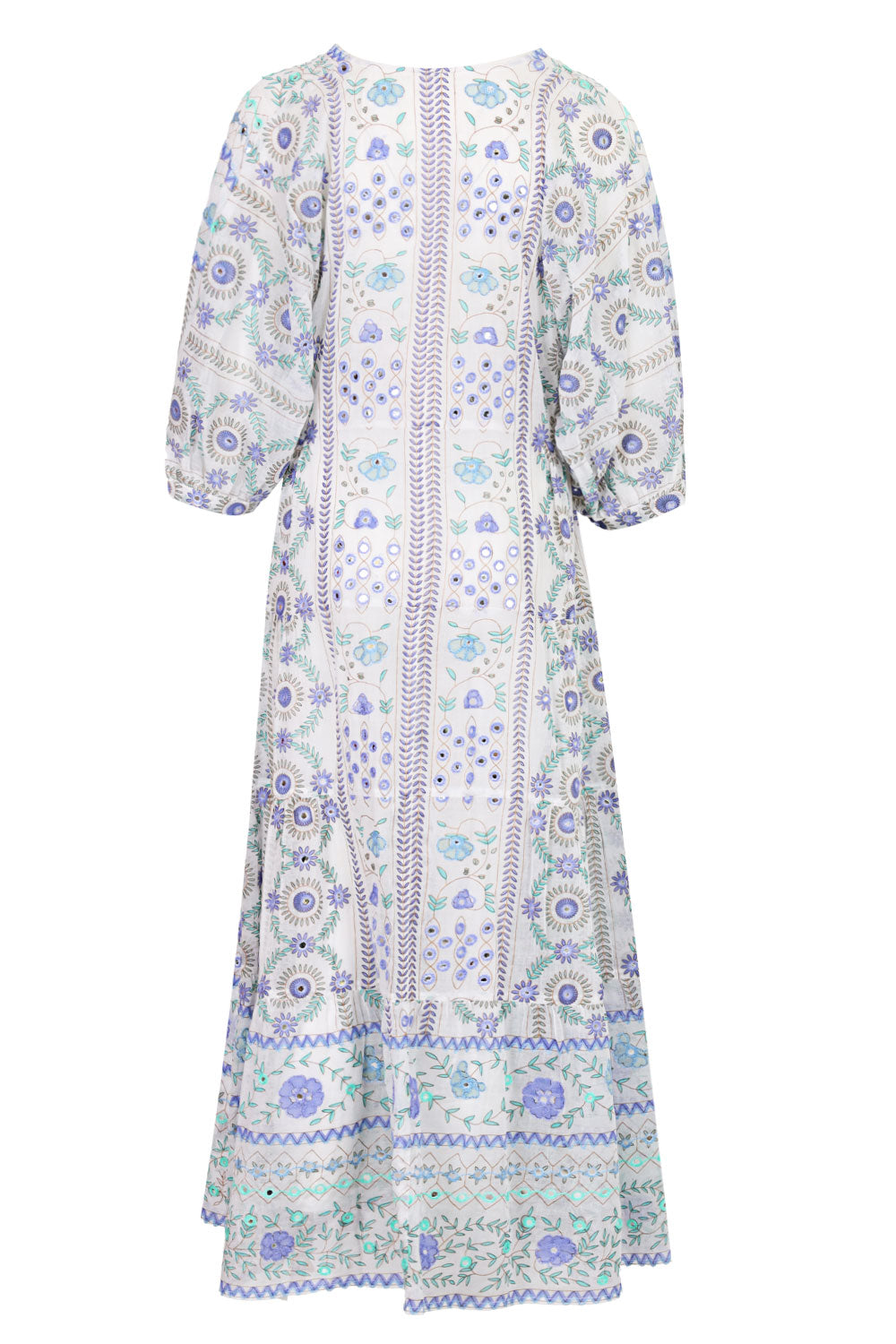 Load image into Gallery viewer, Mexican Print with Mirrors V-Neck Loose Maxi Dress White/Blue
