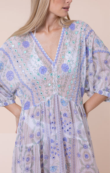 Mexican Print with Mirrors V-Neck Loose Maxi Dress White/Blue