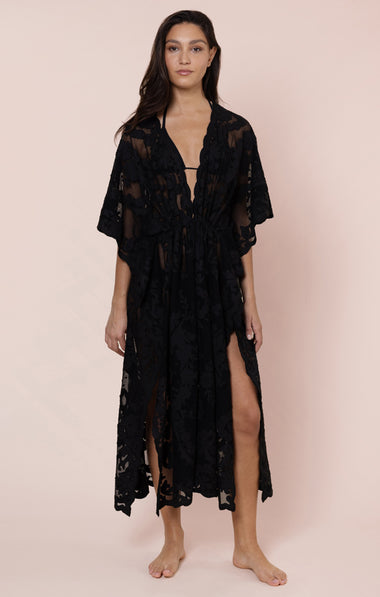 Net Kimono with Bow Embroidery Black