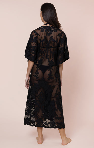 Net Kimono with Bow Embroidery Black