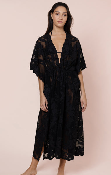 Net Kimono with Bow Embroidery Black