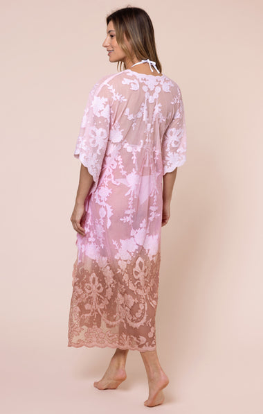 Net Kimono with Bow Embroidery Ombre Ballet/Pink/Bronze