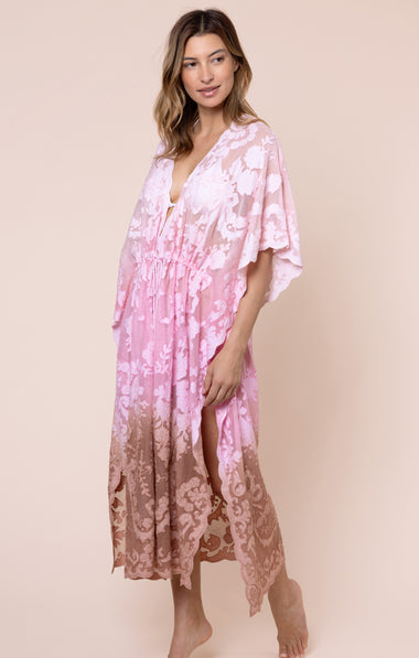Net Kimono with Bow Embroidery Ombre Ballet/Pink/Bronze