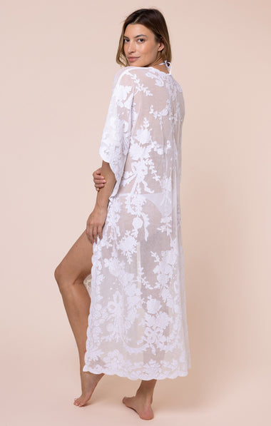 Net Kimono with Bow Embroidery White