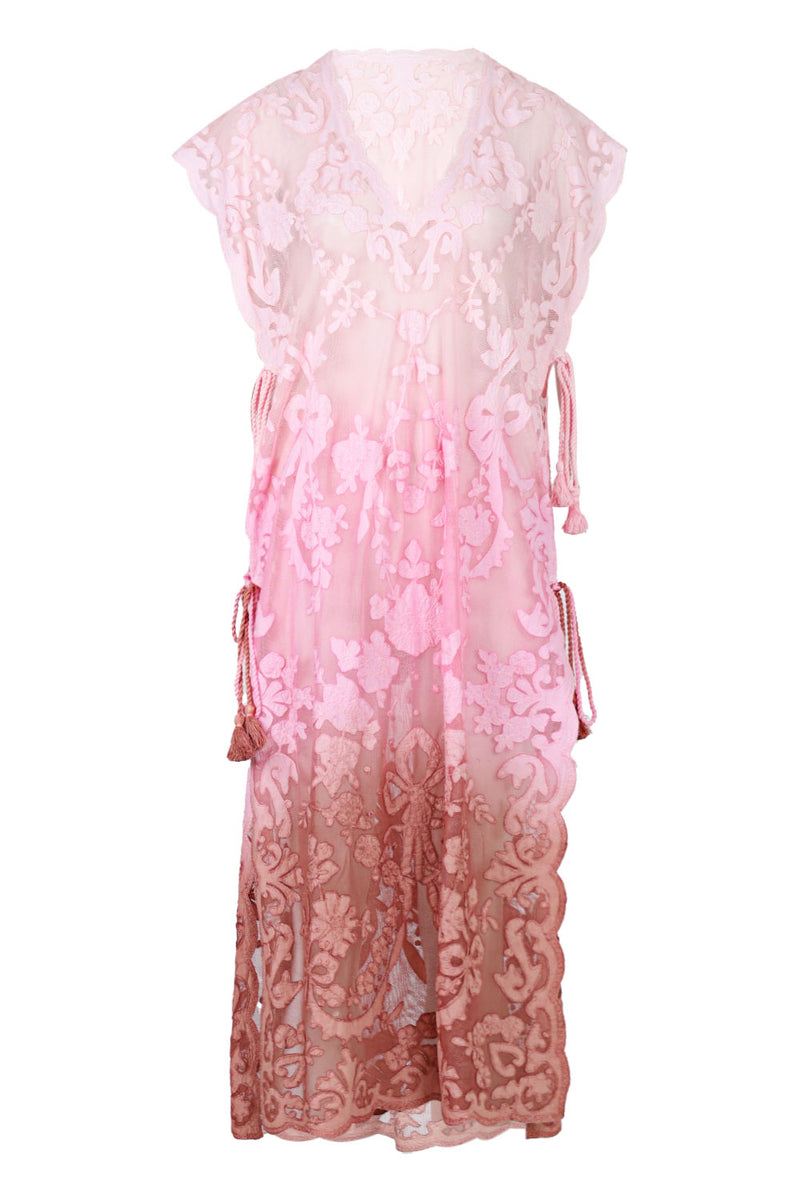 Net Narrow Poncho with Bow Embroidery Ombre Ballet/Pink/Bronze