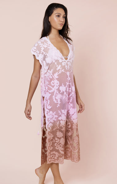 Net Narrow Poncho with Bow Embroidery Ombre Ballet/Pink/Bronze