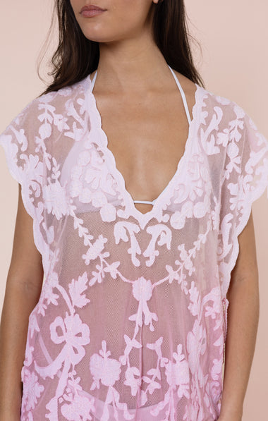 Net Narrow Poncho with Bow Embroidery Ombre Ballet/Pink/Bronze