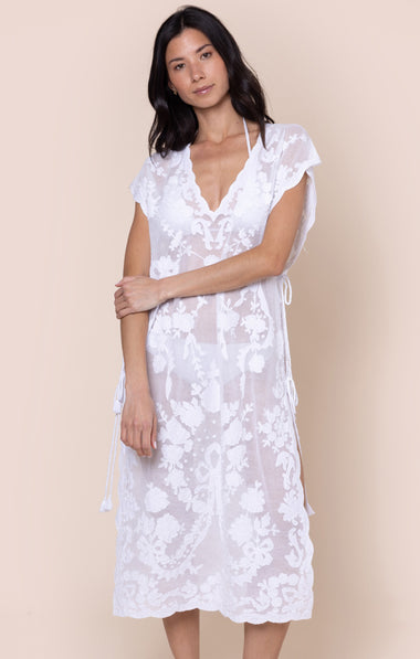 Net Narrow Poncho with Bow Embroidery White