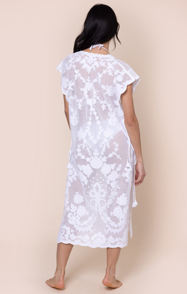 Load image into Gallery viewer, Net Narrow Poncho with Bow Embroidery White
