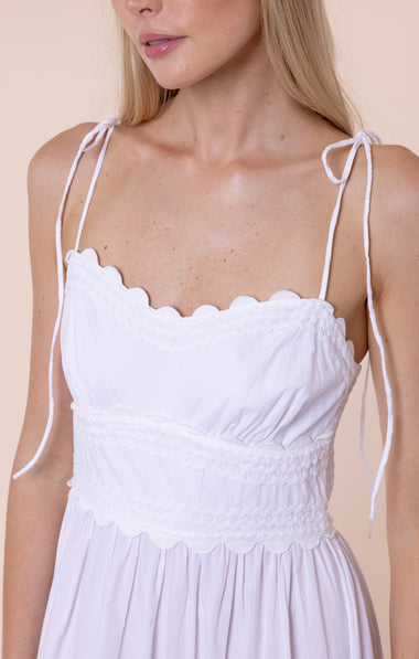 Poplin Hi-Lo Dress with Ric Rac Embroidery White