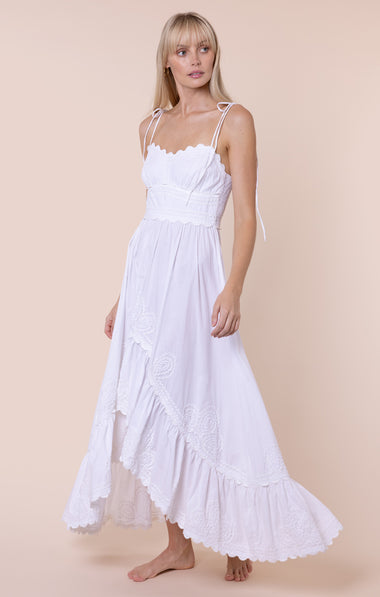 Poplin Hi-Lo Dress with Ric Rac Embroidery White