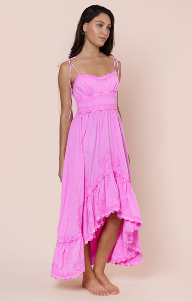 Poplin Hi-Lo Dress with Ric Rac Embroidery Hibiscus