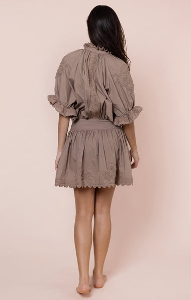 Poplin Blouson Dress with Ric Rac Embroidery Mocha