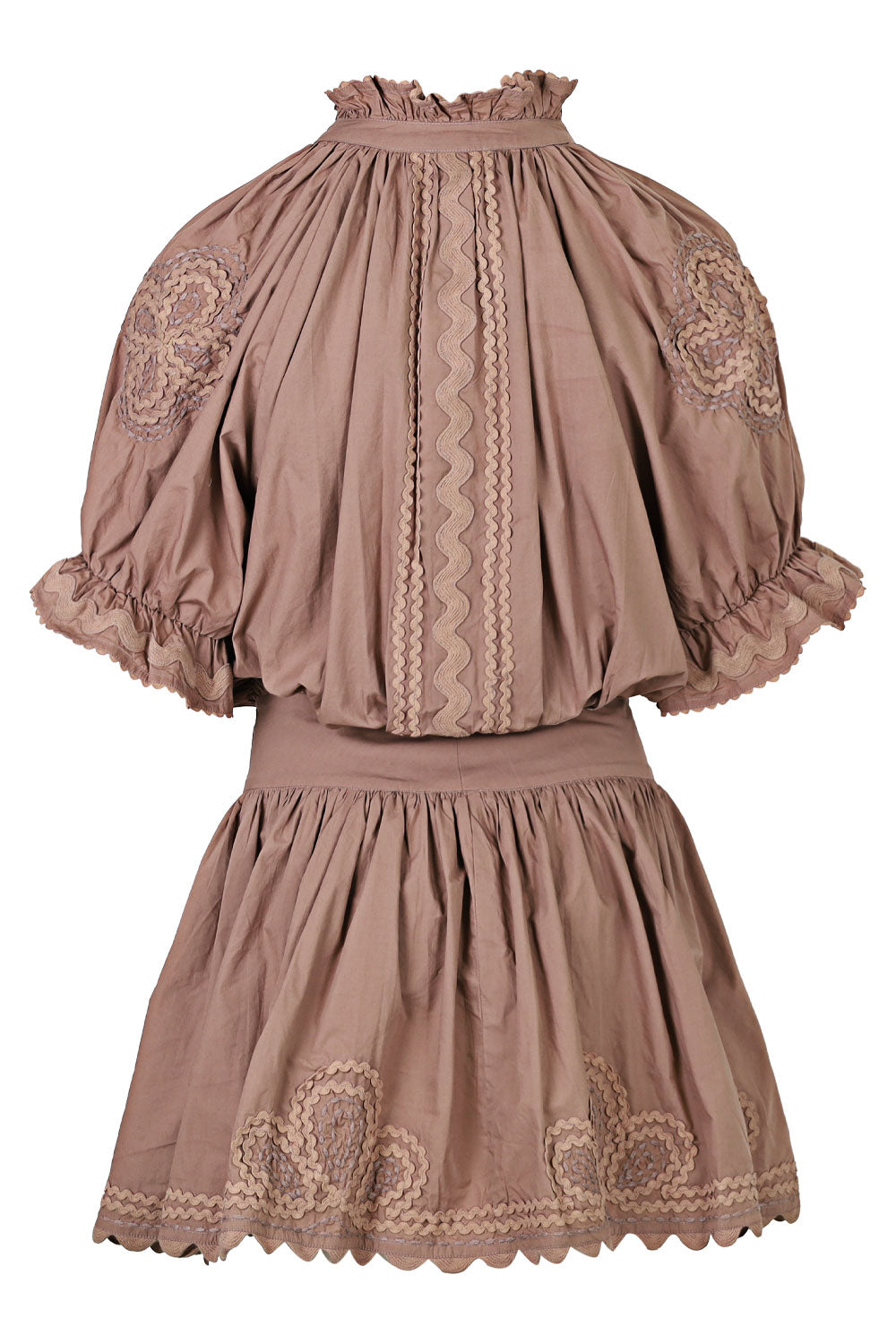 Load image into Gallery viewer, Poplin Blouson Dress with Ric Rac Embroidery Mocha
