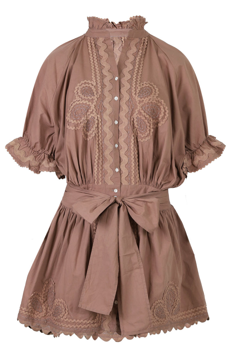 Poplin Blouson Dress with Ric Rac Embroidery Mocha