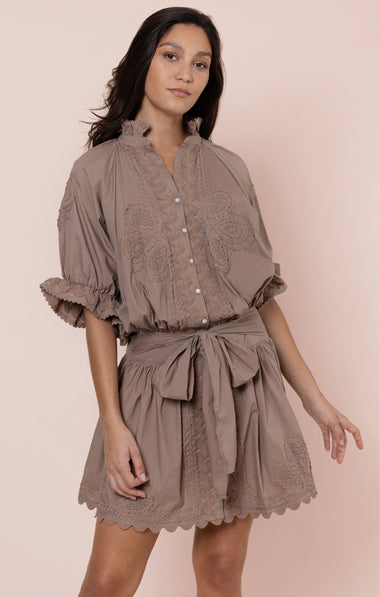 Poplin Blouson Dress with Ric Rac Embroidery Mocha