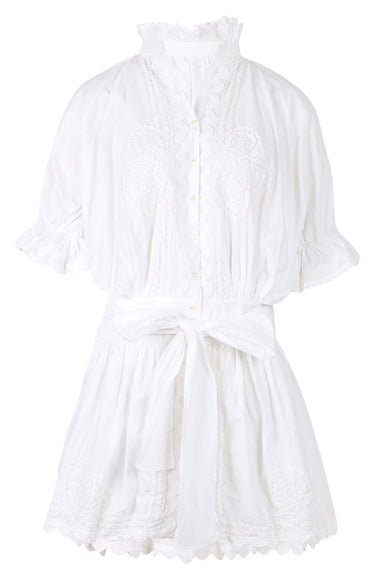 Poplin Blouson Dress with Ric Rac Embroidery White