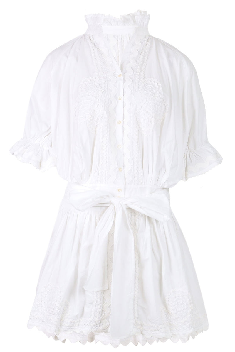 Poplin Blouson Dress with Ric Rac Embroidery White