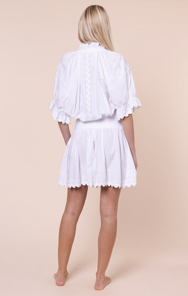 Poplin Blouson Dress with Ric Rac Embroidery White