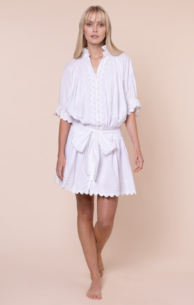 Load image into Gallery viewer, Poplin Blouson Dress with Ric Rac Embroidery White
