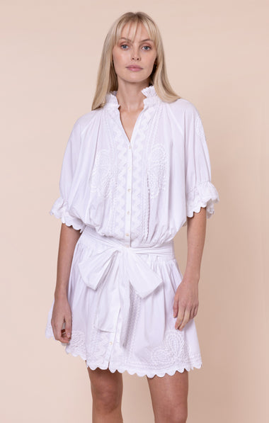 Poplin Blouson Dress with Ric Rac Embroidery White