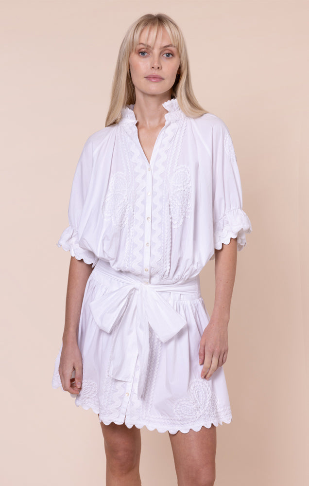 Load image into Gallery viewer, Poplin Blouson Dress with Ric Rac Embroidery White
