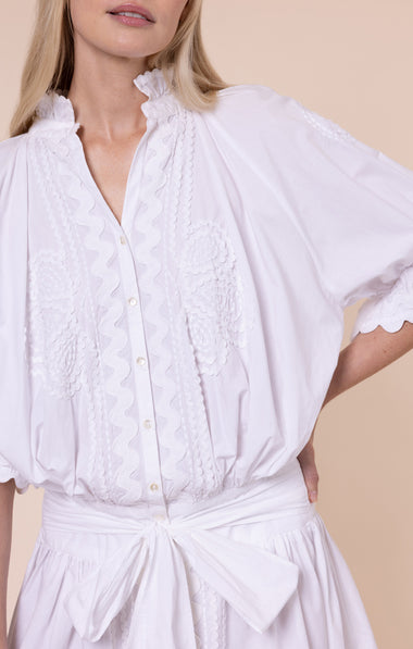Poplin Blouson Dress with Ric Rac Embroidery White