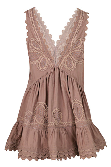 Poplin V-Back Mini Dress with Ric Rac Embroidery Mocha