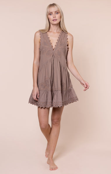 Poplin V-Back Mini Dress with Ric Rac Embroidery Mocha