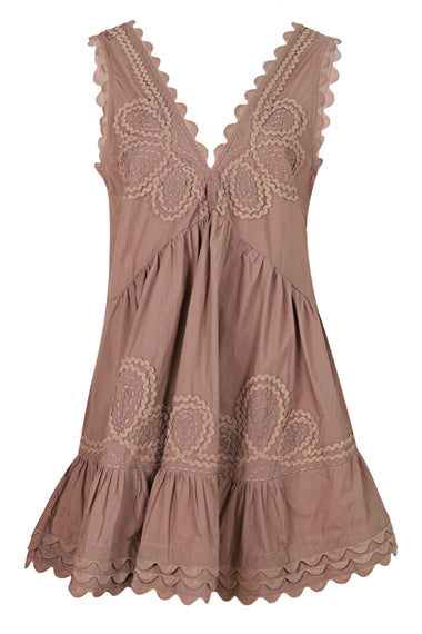 Poplin V-Back Mini Dress with Ric Rac Embroidery Mocha
