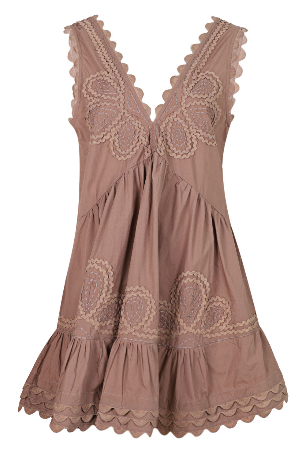 Poplin V-Back Mini Dress with Ric Rac Embroidery Mocha