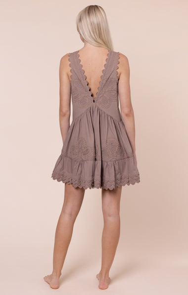Poplin V-Back Mini Dress with Ric Rac Embroidery Mocha