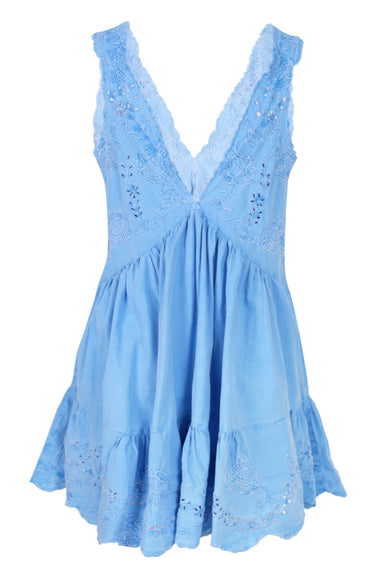 Poplin V-Back Mini Dress with Scallop Embroidery Ocean Blue