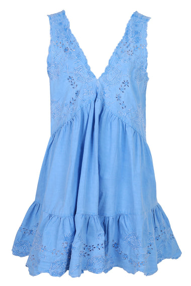 Poplin V-Back Mini Dress with Scallop Embroidery Ocean Blue