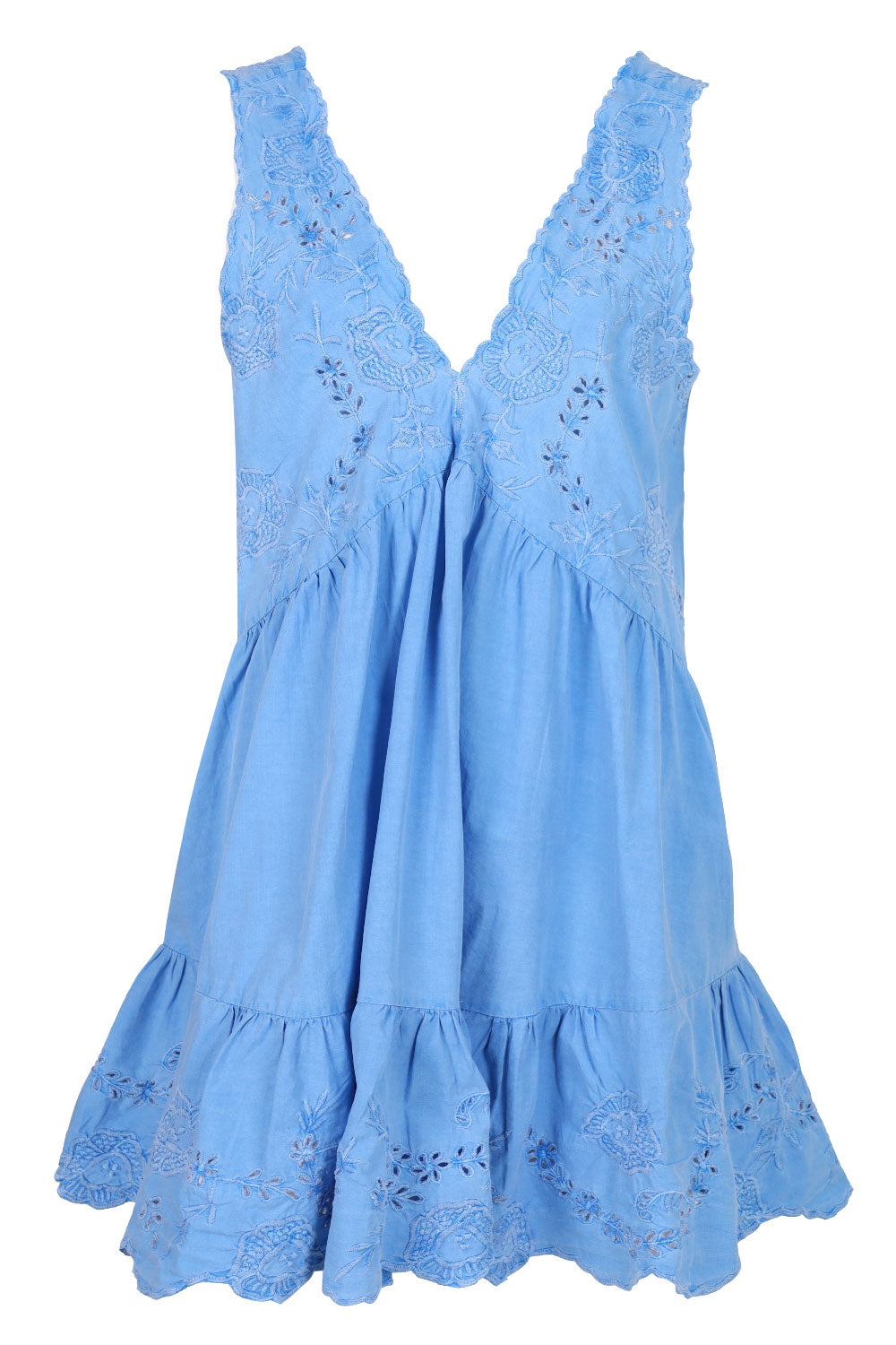 Load image into Gallery viewer, Poplin V-Back Mini Dress with Scallop Embroidery Ocean Blue
